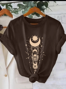 Women's Casual Celestial Sun Moon Star Print T-Shirt Side Knot Hem Short Sleeve Round Neck Polyester Milk Silk Top Streetwear