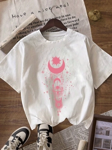 T-Shirt Surdimensionné en Soie de Lait pour Femmes Imprimé Mystique Soleil Lune Col Rond Manches Courtes Streetwear Haut Large