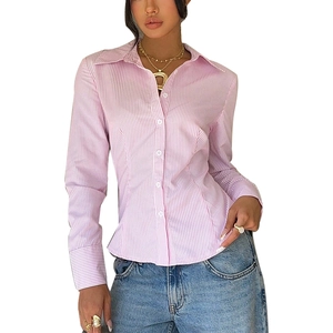 Women's slim-fit long sleeve shirt with pink and white vertical stripes and waist tie