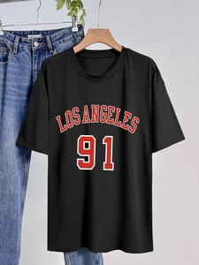 T-shirt noir femme à col rond avec imprimé Los Angeles 91 et style rétro décontracté
