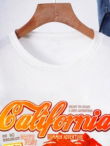Detail view of cotton T-shirt featuring retro California letter print on the chest