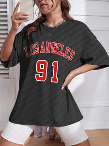 Detail of Los Angeles 91 vintage print on black oversized short sleeve cotton T-shirt