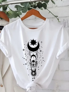 Women's white cotton t-shirt with mystic sun and moon graphic and knotted waist hem