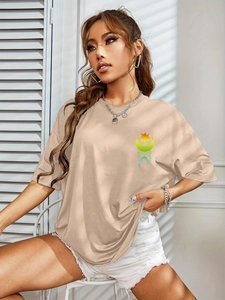 Detail of apricot oversized T-shirt with sun and moon print and crew neck design