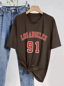 T-shirt marron ample à col rond avec imprimé Los Angeles 91 et détail de nœud stylé