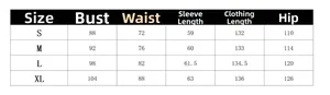 Detailed size chart for lace long sleeve dress including S, M, L, and XL measurements