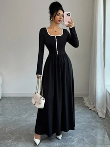 Elegant Eckiger Ausschnitt Langarm Midi-Kleid Kontrast Weiße Borte Dekorative Knöpfe A-Linie Pendler Party Kleid Für Damen