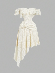 Élégante Robe Midi en Dentelle Épaules Dénudées pour Femmes Ourlet Irrégulier Coupe A Crochet Floral Volants Robe de Fête