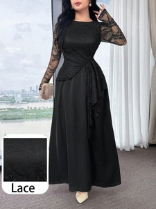 Elegant Women's Black Lace Patchwork Long Sleeve Midi Dress Slim Fit Round Neck A-Line Dress For Banquet Office Party