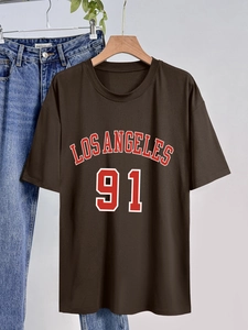 T-shirt femme marron foncé imprimé Los Angeles 91 en coton à col rond décontracté