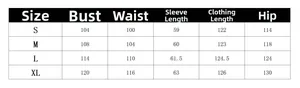Size chart for elegant rhinestone long sleeve dress with S-XL measurements