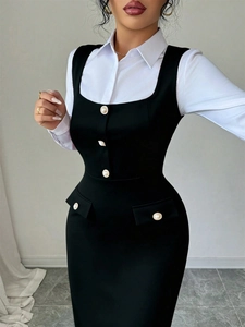 Elegant black slim fit vest dress with pearl buttons paired with white long sleeve shirt
