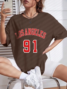 Oversized deep coffee T-shirt with Los Angeles 91 print for a casual street style look