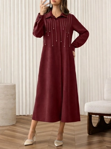 Elegant Wine Red Long Sleeve Shirt Maxi Dress With Artificial Pearl Metal Chain Decor Loose A-Line Party Commute Dress