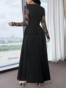 Elegant women's black lace long sleeve dress with waist peplum and A-line midi skirt