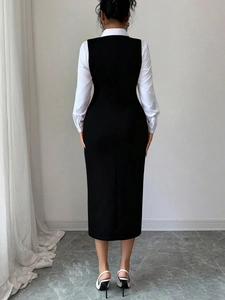Elegant black sleeveless shift dress over white long-sleeve shirt for women