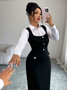 Elegant sleeveless black dress with white long sleeve shirt for a professional office look