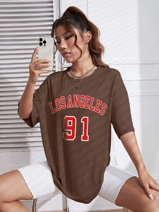 Close-up of brown loose fit Los Angeles 91 graphic tee with high quality cotton texture