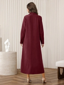 Elegant long sleeve burgundy button-down maxi dress with lapel collar and loose silhouette