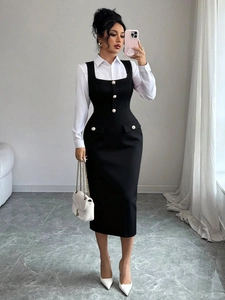 Elegant two-piece set featuring white long-sleeve shirt and black high-waisted dress with pearls