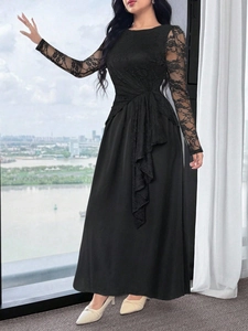 Elegant black lace long sleeve dress featuring an A-line silhouette and high waist design