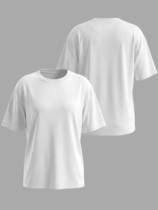Vue avant et arrière du t-shirt blanc à épaules tombantes montrant le tissu doux et fluide