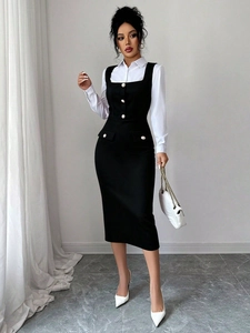 Women Elegant Slim Fit Pinafore Dress And White Shirt Office Lady Midi Vest Dress With Artificial Pearl Buttons Square Neck