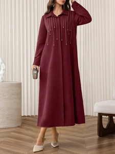 Elegant wine red long sleeve maxi dress with lapel collar and rhinestone chain detail