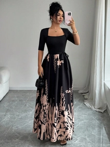 Elegante Abito Maxi Da Donna Con Scollo Quadrato E Mezza Manica Patchwork A Fiori Linea A Vita Con Cinturino Abito Lungo Da Festa