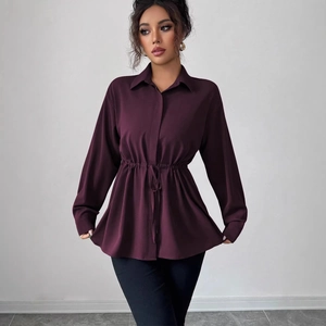 Chemisier Femme Mode Violet Foncé Manches Longues Cordon de Serrage Taille Col Rabattu Élégant Bureau Décontracté Top