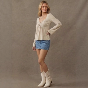 Elegant beige long sleeve V-neck blouse with twist front design for women's fashion