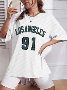 Detail of Los Angeles 91 green vintage print on white oversized cotton T-shirt