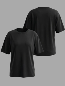 Vue avant et arrière d'un t-shirt noir ample à col rond et manches courtes en coton