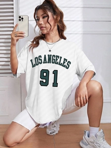 Detail of Los Angeles 91 print on white oversized crew neck cotton T-shirt for women