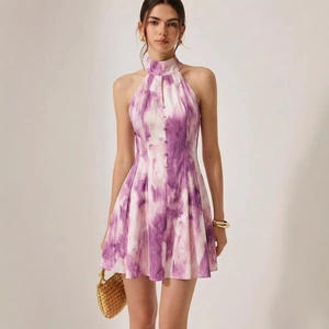 Abito da Donna Viola Bianco Tie-Dye Scollo Halter Senza Maniche Linea A Mini Abito Con Apertura Frontale E Fiocco Sul Retro Elegante