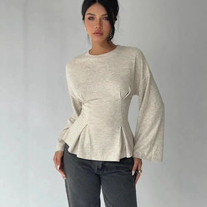 Elegant Women Gathered Waist Peplum Top Round Neck Long Bell Sleeve Polyester Blend Solid Color Slim Fit Casual Office Blouse