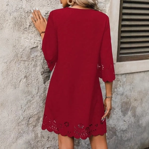 Solid burgundy eyelet dress with lace trim and half sleeves for casual summer wear