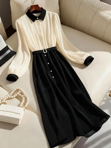 Femmes Élégante Robe Chemise Bloc de Couleur Manches Longues Revers Contrasté Maxi Ligne A Plissé Robe de Bureau de Fête Avec Ceinture