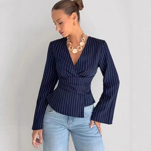 Women Striped V Neck Wrap Blouse Long Flared Sleeve Peplum Top Elegant Office Commuter Shirt Navy Blue White Stripes