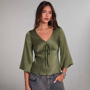 Elegant Satin V Neck Blouse For Women Solid Color Bell Sleeve Tie Up Front Slim Fit Blouse Shirt Pullover Top