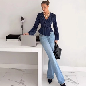 Women's chic navy striped V-neck long sleeve shirt with wrap waist design and slim fit