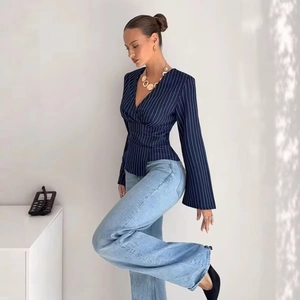 Navy blue V-neck striped blouse for women with long flared sleeves and cinched waist