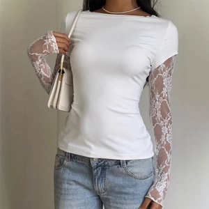 Slim fit white off-shoulder top with floral lace long sleeves and elegant neckline