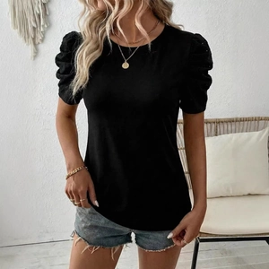 Women's black short sleeve t-shirt with puff eyelet sleeves and round neck style