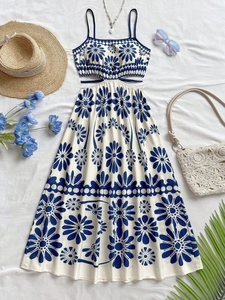 Western Resort Style Women Sexy Backless Cut-out Maxi Dress Blue White Sunflower Print Spaghetti Strap A-line Long Dress
