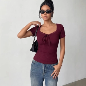 Slim fit burgundy T-shirt with lace trim square neck and drawstring detail