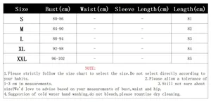 Detailed size chart for bodycon dress with bust and length measurements in cm