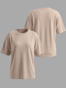 T-shirt femme col rond à manches courtes beige montrant les vues avant et arrière
