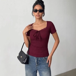 Slim fit burgundy square neck short sleeve top with lace trim and textured fabric