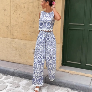 Women Bohemian Geometric Print Sleeveless Crop Top And Wide Leg Pants Top And Bottom Vacation Casual Scalloped Edge Polyester Outfits